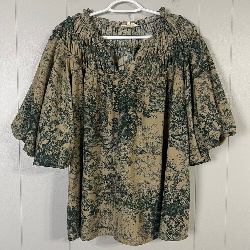 Entro Womens L Toile Blouse Tan Green Puff Sleeve Ruffle Top